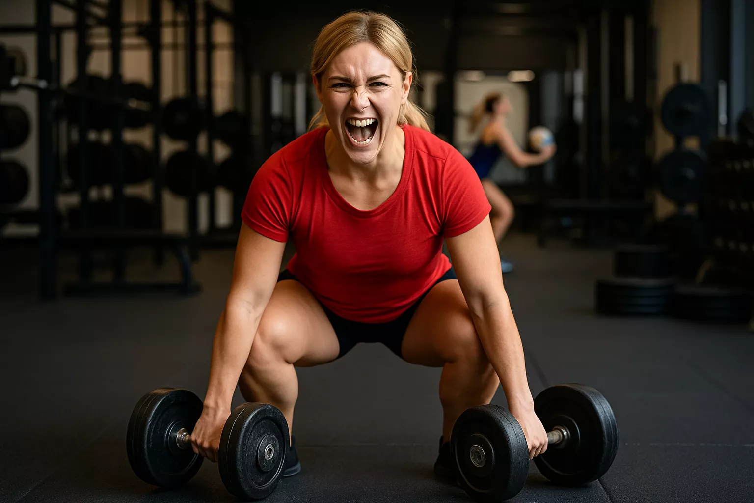 Mulher treinando força com halteres na academia