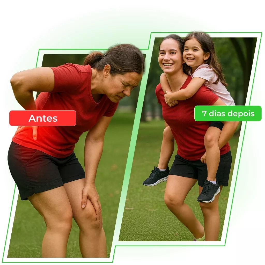 Antes: mulher com dor na coluna. Depois de 7 dias: mulher brincando com a filha sem dor.