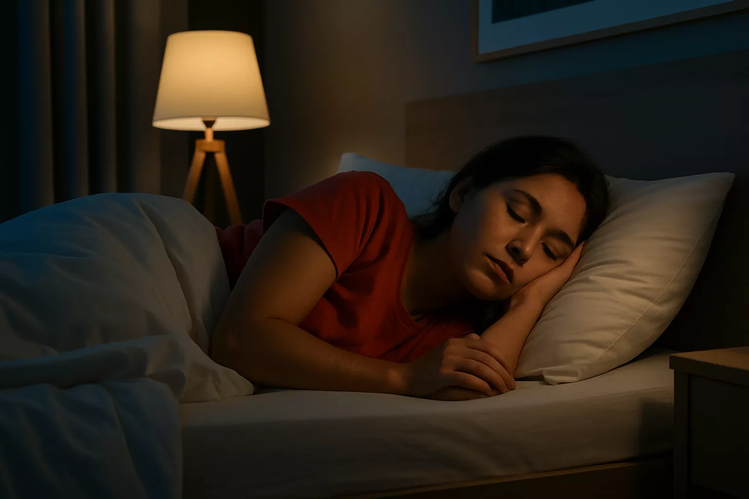 Mulher dormindo tranquila na cama